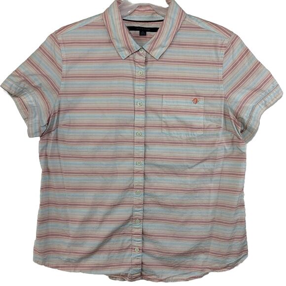Tommy Hilfiger Women Blouse Size XL Pastels Stripe Button Up Short Sleeve Summer - Picture 1 of 11